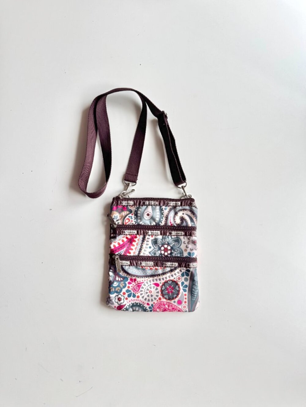 LESPORTSAC Kasey Pink Brown Blue Floral Paisley Triple Zip Crossbody Purse